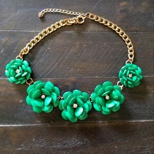Emerald Green Roses and Rhinestones Statement Necklace